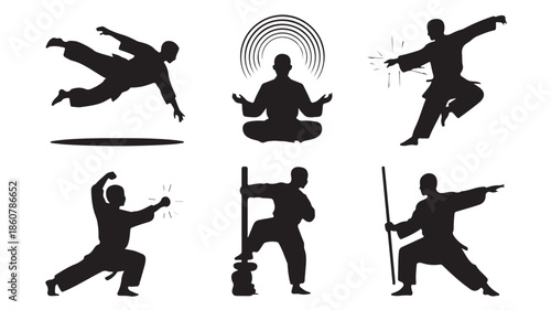 Martial Arts and Meditation Practitioners in Dynamic Stylized Black Silhouettes on White Background Vector Illustration for Sports and Wellness Design.