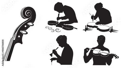 Violin Making and Playing Artistic Silhouette Black and White Vector Illustration for Music Craftsmanship and Education.