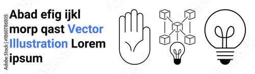 Digital communication, innovation processes, blockchain systems, idea generation, security, and interaction. Minimalist hand, interconnected cubes and lightbulb. Innovation processes and blockchain