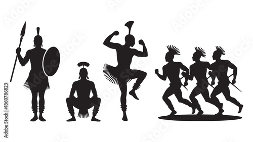 Ancient Tribal Warrior Silhouettes in Dynamic Historical Style with Black and White Vector Illustration for Cultural Education