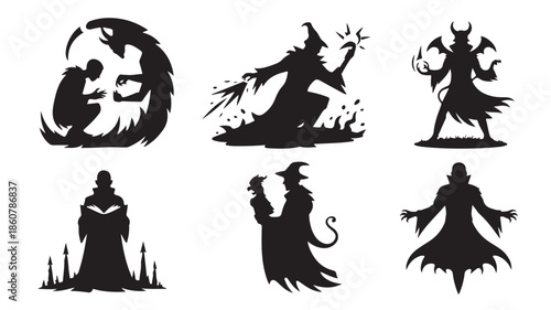 Dark fantasy character silhouettes with mystical style in black and white vector illustration for Halloween and game design.