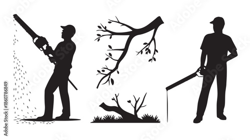 Tree Cutting and Yard Work Silhouettes with Graphic Practical Style in Black and White Vector Illustration for Landscaping Services.