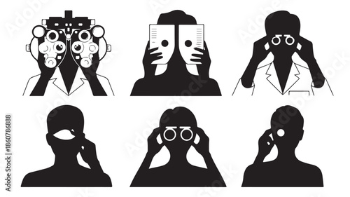 Set of silhouettes showing eye examination and vision testing with optometry equipment in clean black and white vector for medical websites.