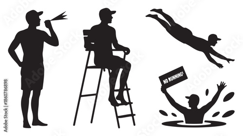 Lifeguard and Swimmer Silhouettes in Graphic Black and White Vector Illustration for Water Safety and Pool Rules.
