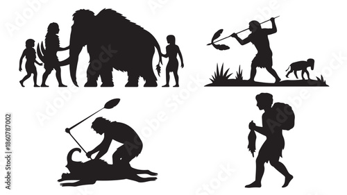 Prehistoric human activities in ancient illustrative black silhouette graphic for historical education.