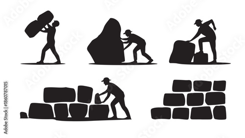 Silhouettes of Workers Moving Stones Vector Illustration with High Contrast Black and White Graphic Style for Hard Labor and Construction Themes.