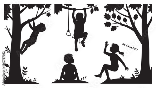 Children playing outdoors in a playful, cautionary black and white silhouette vector illustration for childhood safety awareness.