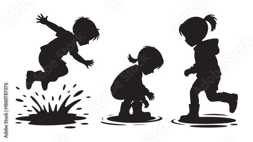 Children playing in puddles with joyful active mood in black silhouette illustration on white background for childrens media.