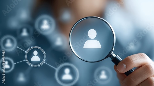A magnifying glass focused on one specific person icon in a large network, talent acquisition concept.