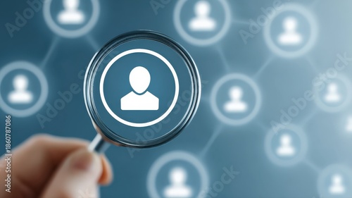 A magnifying glass focused on one specific person icon in a large network, talent acquisition concept.
