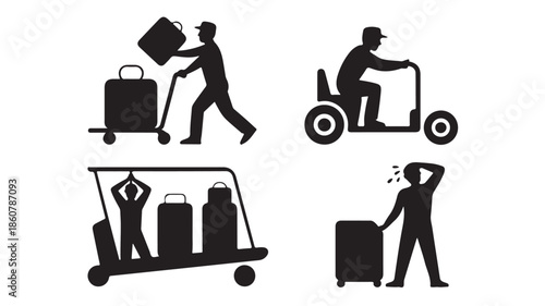Travel luggage handling and diverse passenger situations in minimalist black and white graphic silhouette vector icons for airport services and travel infographics.