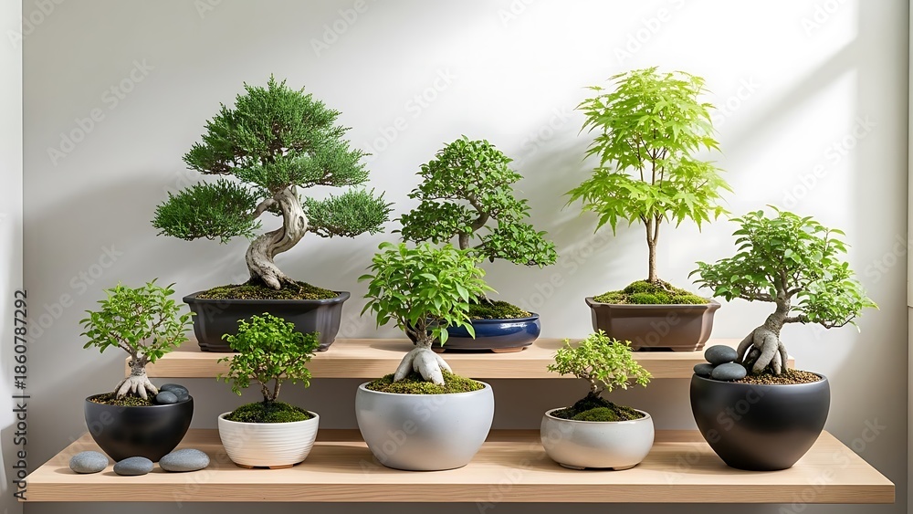 Fototapeta premium An exquisite collection of diverse bonsai trees displayed on minimalist light wood shelving, featuring various species and artistic potting styles against a clean, bright background.