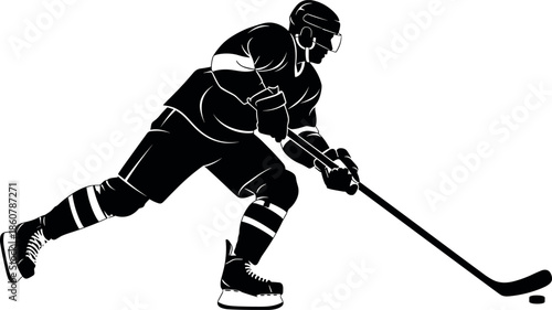 Ice hockey player silhouette skating with stick and puck action sport vector illustration isolated on white background clipart
