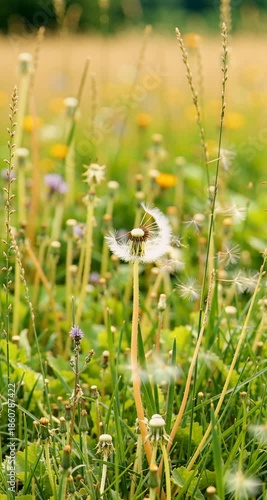 Dandelion Puffballs Dispersing in the Wind in Spring Field Against Light Yellow Background
