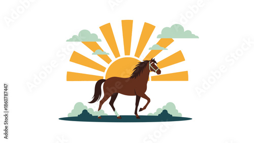 Majestic brown horse walking gracefully with a vibrant sunrise in the background.