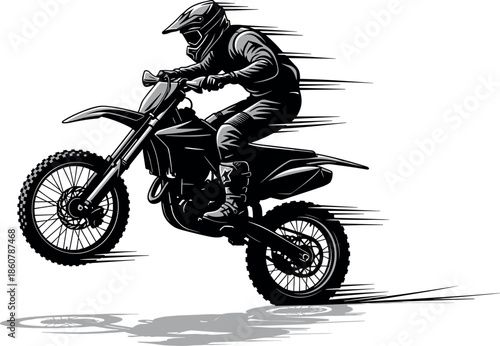 Motocross rider jumping on dirt bike motorcycle performing extreme sport stunt with speed motion lines isolated on white