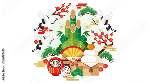 Japanese New Year Decorations with Cranes and Traditional Symbols.