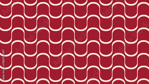 Seamless red wave pattern background, abstract rhythmic curves inspired by Brazilian mosaic for textile design. Minimalist red and white wavy line background