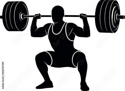 Powerful weightlifter silhouette vector illustration performing heavy barbell squat for bodybuilding fitness gym and strength training sports design