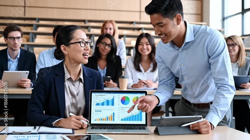 Two young professionals engaged in a discussion in front of a laptop displaying graphs and charts, surrounded by a group of peers in a classroom setting