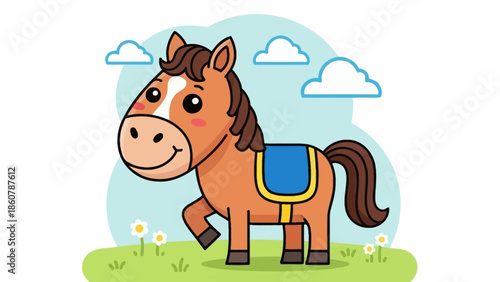Cute Cartoon Horse Standing in a Field.