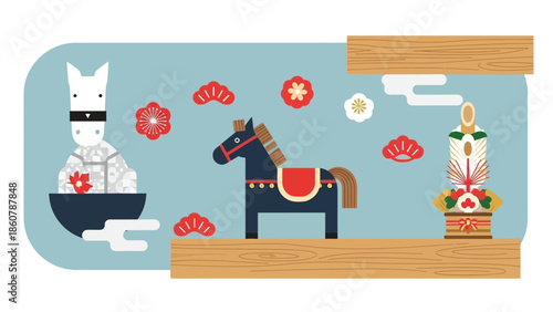 Traditional Japanese Kokeshi Dolls and Wooden Horse Toy.