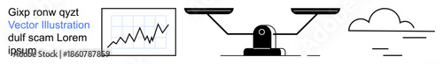 Business strategy, performance analytics, justice, cloud technology, progress evaluation, digital connection. A graph, balance scale and cloud icon. Business strategy and justice concept