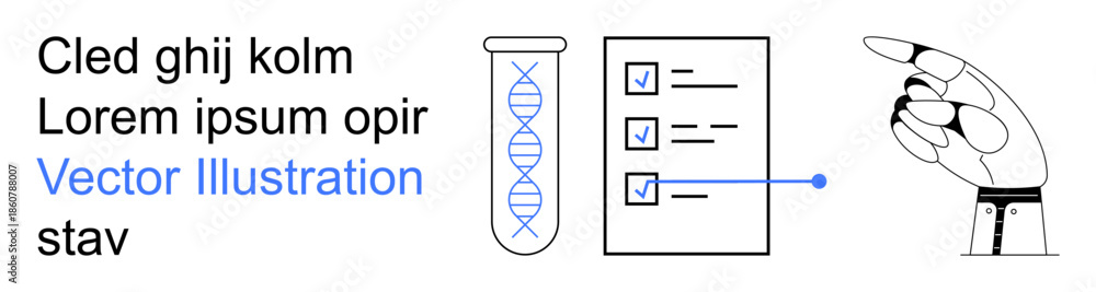 Fototapeta premium Biotechnology, automation, innovation, robotics, research, future technology. DNA strand in a test tube, checklist robotic hand pointing. Biotechnology and automation with futuristic elements