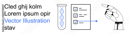 Biotechnology, automation, innovation, robotics, research, future technology. DNA strand in a test tube, checklist robotic hand pointing. Biotechnology and automation with futuristic elements