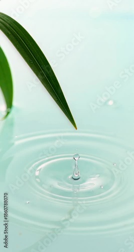Transparent Dewdrops Hanging on Banana Leaf Tips Falling and Rippling Against Light Cyan Background
