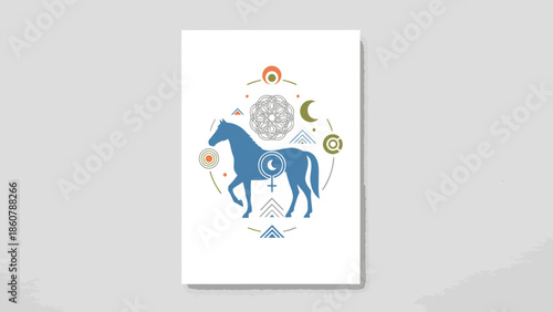 Mystical Blue Horse with Celestial and Geometric Symbols.