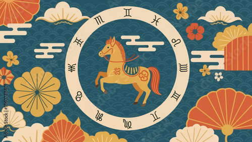 Golden Horse Zodiac Sign in Circular Astrological Wheel.