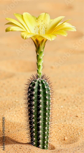 Round Buds on Desert Cactus Top Blooming Slowly Against Yellow Sand Background

