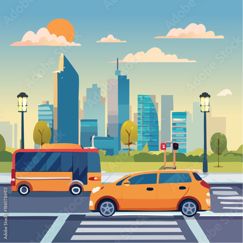 City traffic scene with cars, bus, and pedestrian crossing in urban environment