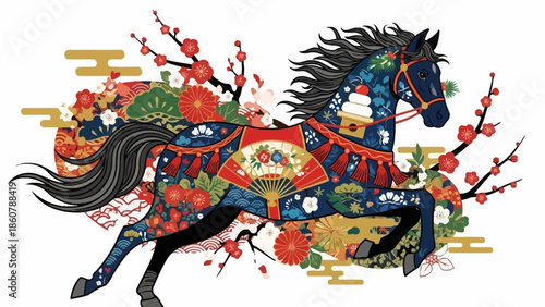 Stylized Japanese Horse with Floral and Traditional Motifs.