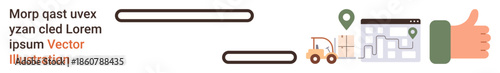 Logistics, online navigation, delivery tracking, transportation, digital mapping, shipping. A map, delivery vehicle location markers and a thumbs-up. Logistics and online navigation concept