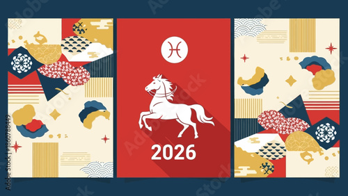 White horse with Pisces symbol and year 2026 on a red background.