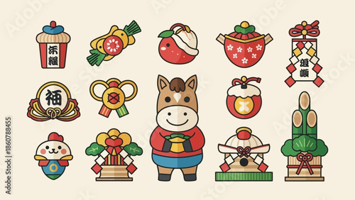 Collection of Traditional Japanese New Year Decorations and Lucky Charms.
