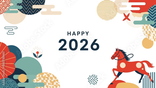 Happy 2026 with a vibrant red horse in a dynamic pose.