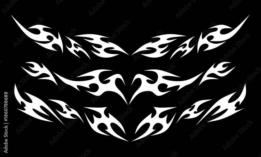 Obraz premium Set of Valentine Heart Tattoo Neo Tribal, Y2K, Valentine Punk Retro Sticker, Love Logo, Vector Illustration of Black Gothic Tribal Tattoo, Polynesian Abstract Metal Symmetry