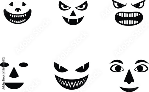 Collection of various cartoon monster faces with different expressions and teeth on white background