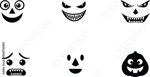 Various cartoon faces with different expressions and teeth on white background