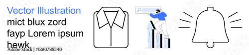 Business growth, notifications, professional communication, workplace dynamics, data analysis, user interactions. A person on a graph, shirt icon bell. Business growth and notifications concept