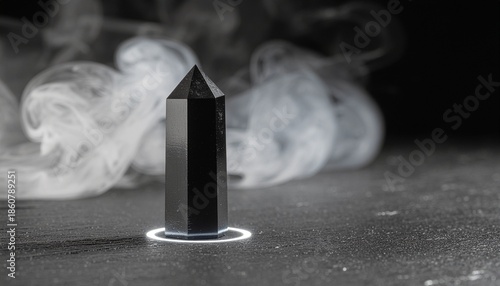 A black obsidian crystal tower standing on a dark surface with swirling white smoke and a glowing base.