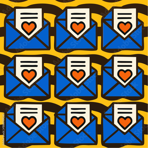 love in every letter; blue envelopes burst with red hearts and radiant lines in pop grid formation