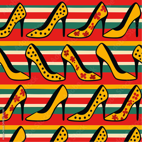 heels in repeat; yellow stilettos dance across striped color fields in polka, floral, and bold