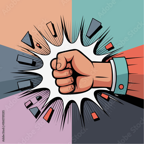 fist of impact; burst lines and bold quadrants explode with motion, power, and pop-style resolve