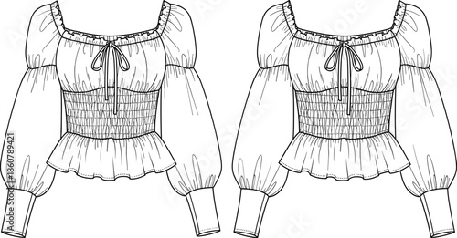 Square Neck Crop Blouse Technical Fashion Flat Sketch, Smocked Bodice, Puff Sleeves, Peplum Hem Vector CAD Illustration.