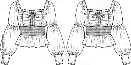 Square Neck Peplum Blouse Technical Fashion Flat Sketch, Smocked Waist, Tie Detail, Balloon Sleeves Vector CAD Illustration.