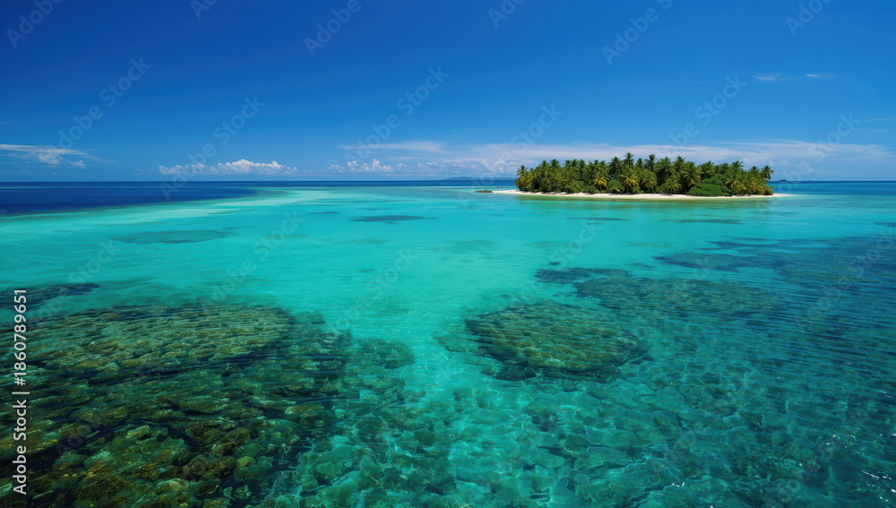 Fototapeta premium Tropical island with turquoise lagoon and coral reef under clear blue sky